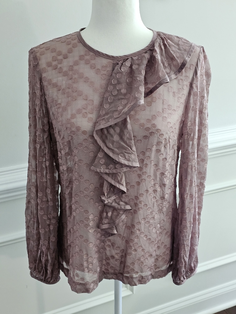 Trina Turk *Silk* Mauve Dot Ruffle Neck Blouse - Size M